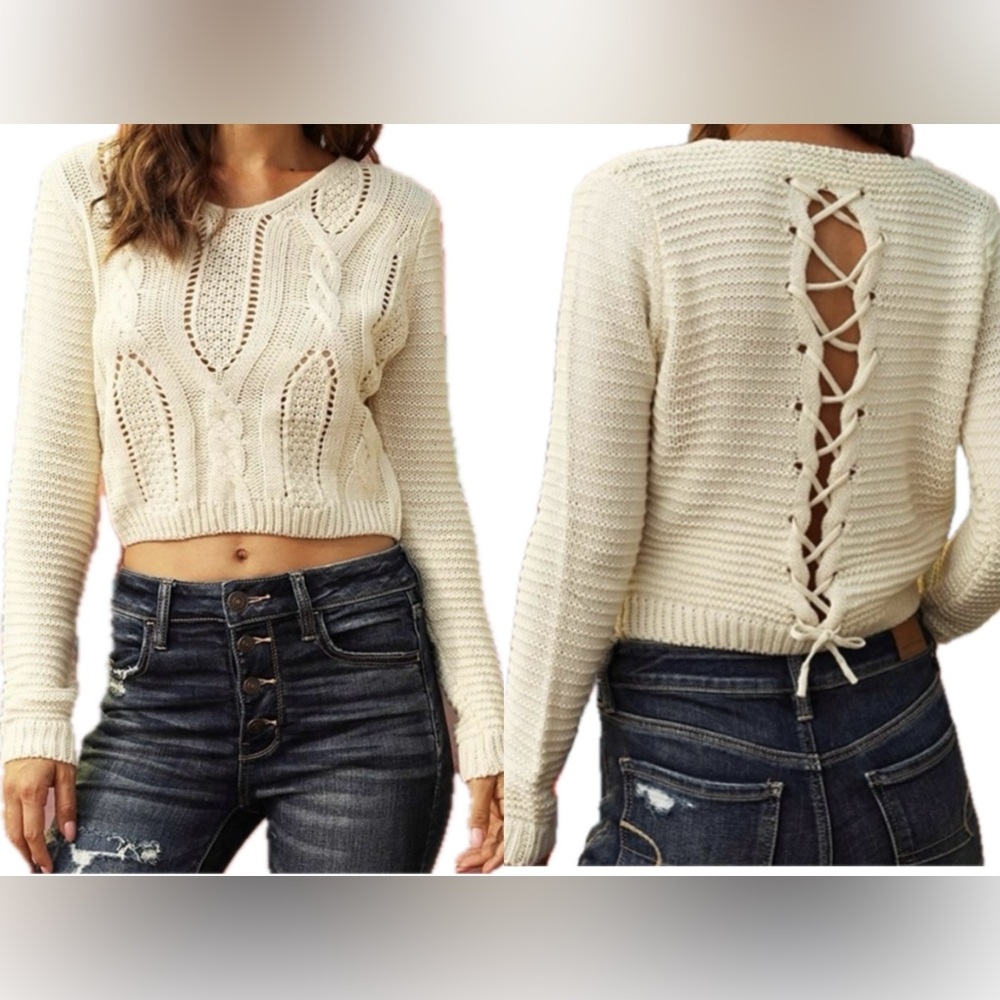 PrettyGuide Cropped Sweater Long Sleeve Eyelet Cable Lace Up Back L